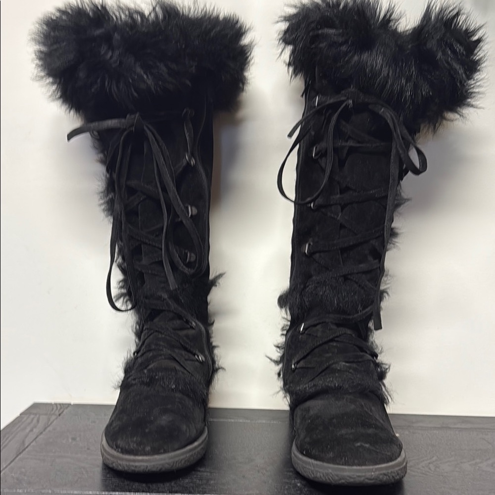 Coach Black Lace Up Boots with Fur Trim